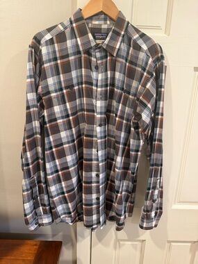 Patagonia Men's Plaid Button-Down Shirt in Brown, White & Blue